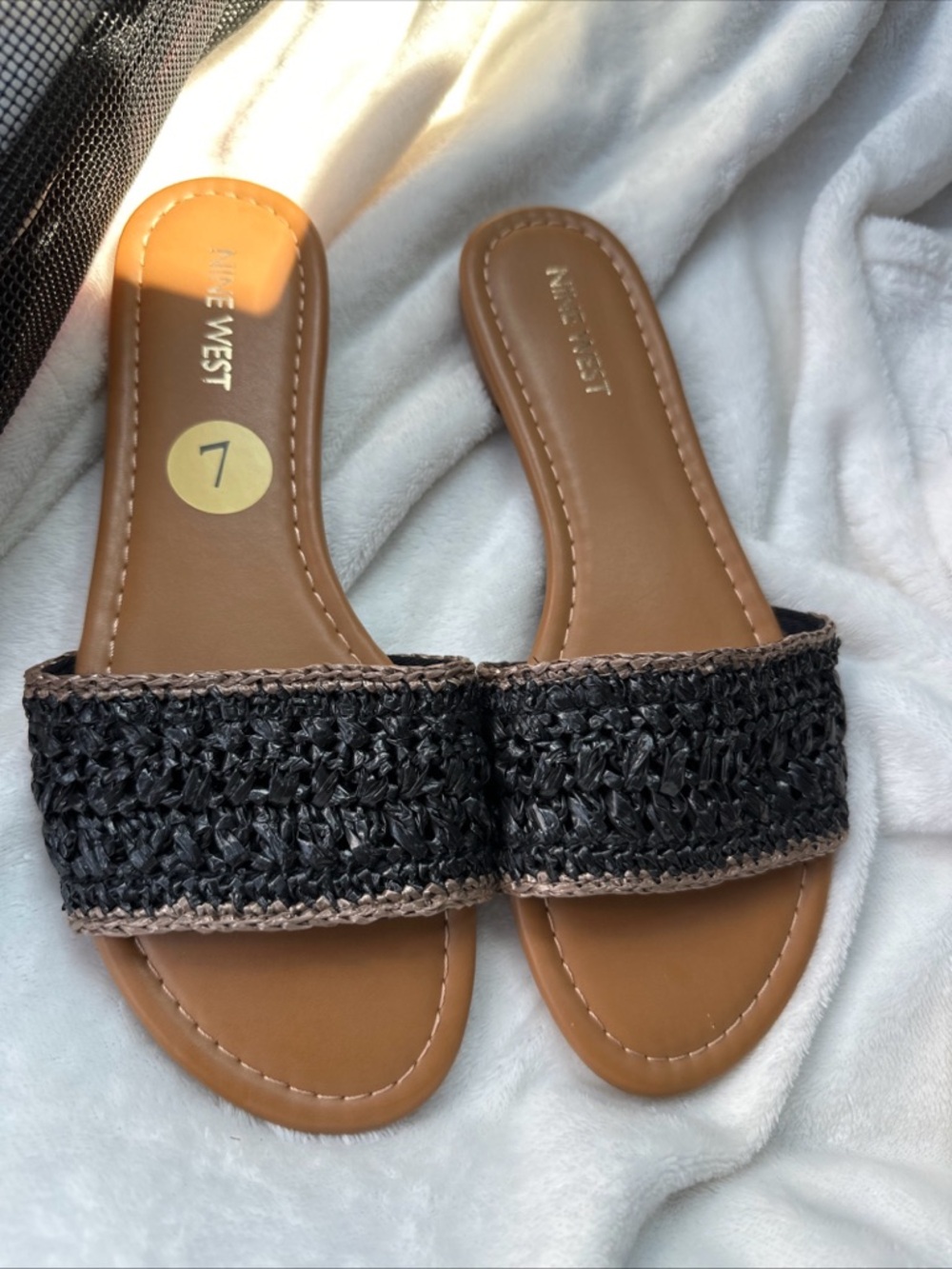 Nine West Black Woven Strap Tan Slide Sandals